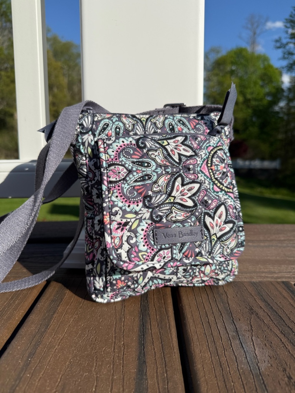 Vera Bradley Gray Paisley Quilted Crossbody with Pink & Mint Accents